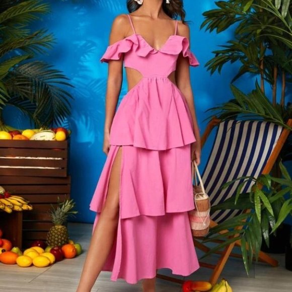 Boho Vacay Pink style trendy V-Neck Cut Out waist Tiered Layer slit Dress - Picture 7 of 7